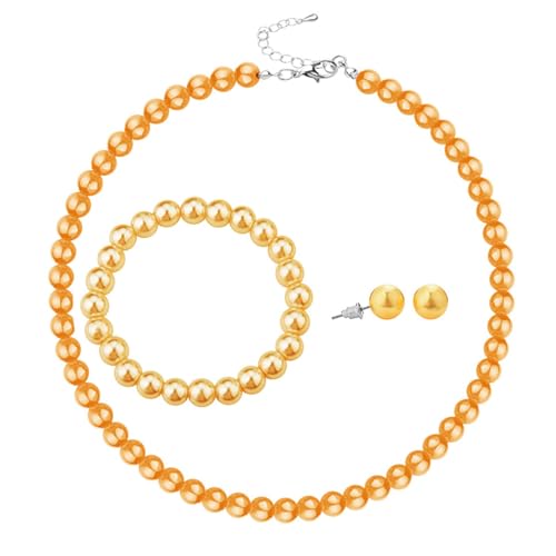 Simulated Pearl Jewelry Set Glass Imitation Pearls Choker Necklace Stud Earrings Elastic Bracelet Costume Jewelry for Women - color: Yellow