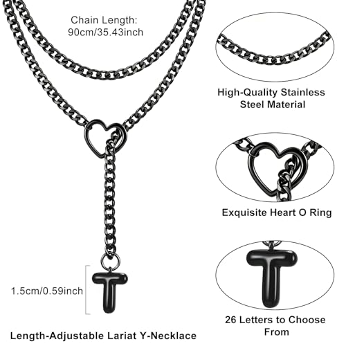 Black Heart Slip Chain Initial Necklaces for Women, Stainless Steel Wrap Choker Necklace, Gothic O-Ring Adjustable Lariat Y Necklaces, Punk Cuban Collar Choker Necklace, Halloween Jewelry Gift - color: Black T