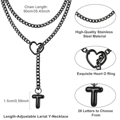 Black Heart Slip Chain Initial Necklaces for Women, Stainless Steel Wrap Choker Necklace, Gothic O-Ring Adjustable Lariat Y Necklaces, Punk Cuban Collar Choker Necklace, Halloween Jewelry Gift - color: Black T
