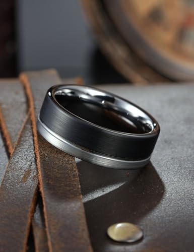 King Will Mens Tungsten Carbide Wedding Band with Groove Design | 6/7/8mm Width, Grooved, Comfort Fit, Everyday Wear - color: Black&Silver Groove-8mm