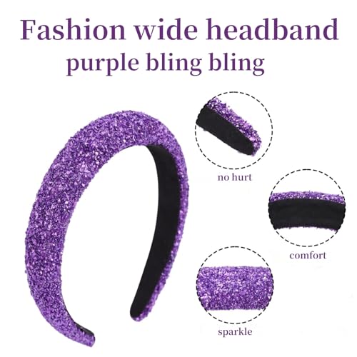 Purple Padded Headband Wide,Fashion Diamond Hairband | Headbands for Women,Dressy,Handmade,Glitter,Trendy Styles,Sparkly,Fancy,Comfort,Prom,Party,Head Accessories