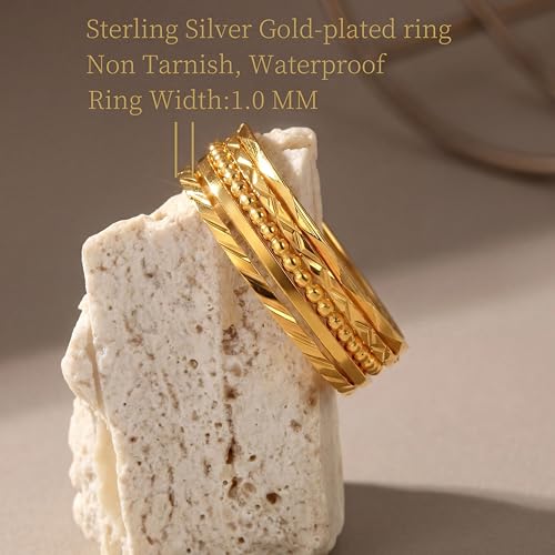 CONRAN KREMIX Sterling Silver Gold Rings for Women Non Tarnish, Waterproof Dainty 14K Gold Plated Stackable Thin Thumb Ring Set Trendy Wedding Bands Engagement Rings for Women