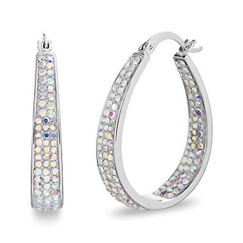 Devin Rose Oval Inside Outside Hoop Earrings for Women Faceted Sparkle Crystals - color: Rainbow