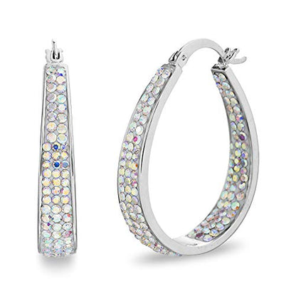 Devin Rose Oval Inside Outside Hoop Earrings for Women Faceted Sparkle Crystals - color: Rainbow