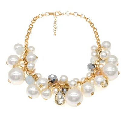 utop JNF Hand made Pearl Statement Necklace for Women Rhinestone Multilayer Crystal Necklaces Chunky Pearl Necklace Large Pearl Necklace and Earrings Set for Mother Mom's gift - color: white pearl chain necklace