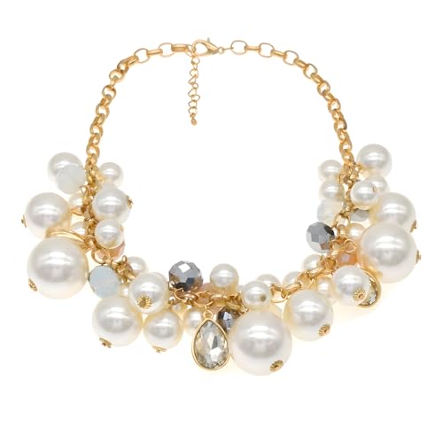 utop JNF Hand made Pearl Statement Necklace for Women Rhinestone Multilayer Crystal Necklaces Chunky Pearl Necklace Large Pearl Necklace and Earrings Set for Mother Mom's gift - color: white pearl chain necklace