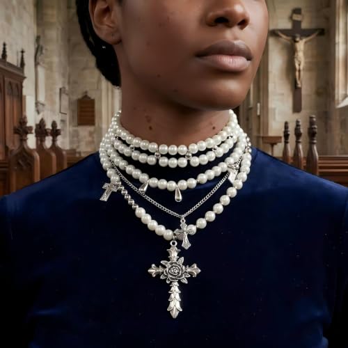 Layered Faux Pearl Cross Choker Necklace for Women, Silver-Tone | Zinc alloy stacked gothic jewelry, adjustable extended chain, vintage Y2K emo punk style accessories