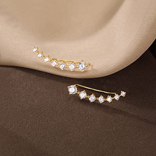 Reffeer Solid 925 Sterling Silver 7 Crystals Cuff Earrings Climber for Women Crawler Earrings Wraps - color: B-Yellow