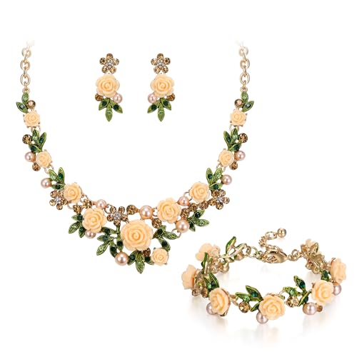 EVER FAITH Costume Jewelry Crystal Simulated Pearl Rose Flower Leaf Prom Party Statement Necklace Earrings Bracelet Set for Women - color: Topaz Color Gold-Tone