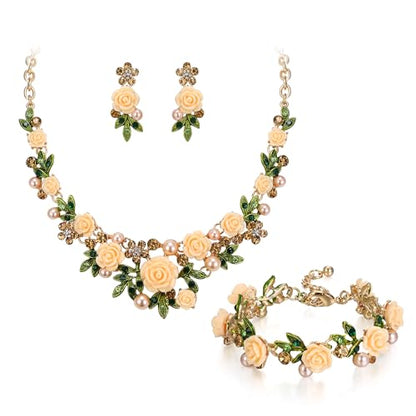 EVER FAITH Costume Jewelry Crystal Simulated Pearl Rose Flower Leaf Prom Party Statement Necklace Earrings Bracelet Set for Women - color: Topaz Color Gold-Tone