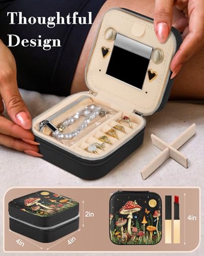 Bistup Travel Jewelry Case - Small Jewelry Organizers and Storage Box for Women Girls Teens Cute Traveling Jewelry Holder with Mirror Little Tiny Compact Modern Unique Aesthetic Pretty, Mushroom - style: Mushroom