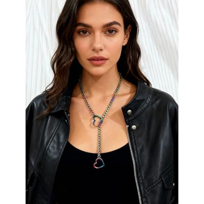 Artmiss Heart Slip Chain Necklace Cuban Long Chain Affection Link Necklace Submissive Collar Chokers for Women - color: Iridescent Rainbow