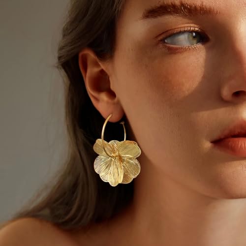 OGD Chunky Gold Statement Earrings For Women Trendy Gold Plated Sectored Flower Leaf Angel Wing Earrings Large Stud Jewlery Hypoallergenic - color: Flora Hoop-Gold