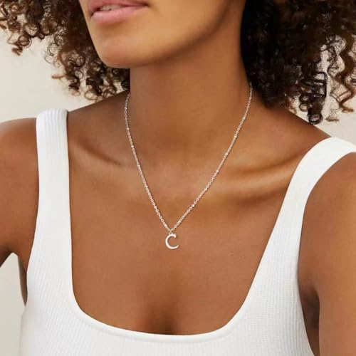 Initial Necklaces for Women - 14K Gold Silver Plated Letter Necklace Name Personalized Dainty Fashion Chain Non Tarnish Single Cute Pendant Necklace Charm Jewelry Gift for Women Her - color: Silver, style: C