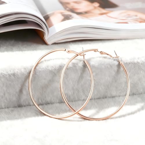 1 Pairs 60/70mm Silver 14K Gold Rose Gold Hoop Earrings for Women Hypoallergenic Stainless Steel Lightweight Big Hoops Shiny Dangle Earrings Trendy Jewelry Gifts - color: 70mm-Rose Gold Hoop Earrings