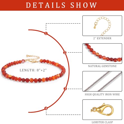 Natural Stone Beaded Anklets for Women, Handmade Boho Clear Quartz 4mm Crystal Beads Anklet, Gold Chain Adjustable Ankles Bracelet, Beach Summer Jewelry Gemstone Foot Bracelet Gift - color: Carnelian