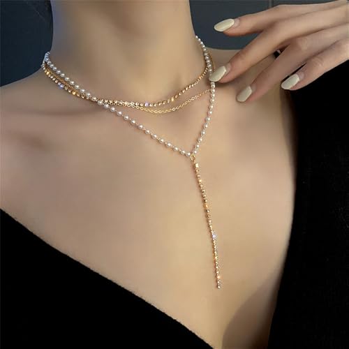 Lasso Necklace for Woman Gold And Pearl Lasso Necklace Exquisite Waterproof Adjustable Y Shaped Sun Necklaces Layered Pearl Lariat Necklaces Jewelry - color: gold2