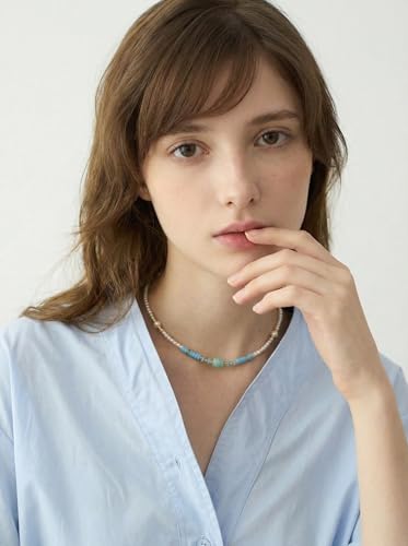 Pearl Necklace for Women Paperclip Chain Chunky Gold Necklace, Freshwater Cultured Pearls Trendy Link Chain 18K Gold Plated Dainty Pearl Choker - color: Pearl&Blue Stone