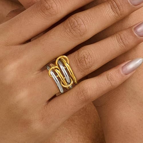 14K Gold Plated Interlocked Stackable Rings for Women, Statement Multi Ring Mixed Metals Stack, Two-Toned interlocking rings Stacking Jewelry - color: silver gold-4pcs set, size: 9