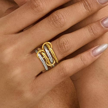 14K Gold Plated Interlocked Stackable Rings for Women, Statement Multi Ring Mixed Metals Stack, Two-Toned interlocking rings Stacking Jewelry - color: silver gold-4pcs set, size: 10