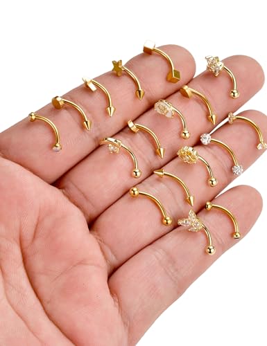 18Pcs Eyebrow Piercing Jewelry 16G Surgical Steel Curved Barbell Eyebrow Rings Butterfly Moon Vertical Labret Monroe Lip Belly Button Rook Daith Tragus Earrings for Women Men Gold Silver 10mm - color: Gold