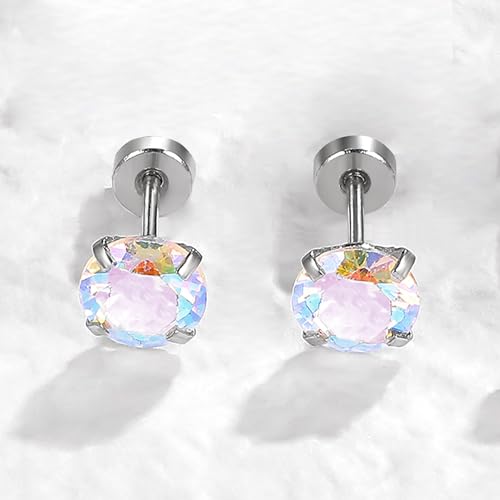 VOLUKA Cubic Zirconia Stainless Steel Screw Flat Back Earring - Hypoallergenic Stud Earrings for Women & Men - 316L Titanium CZ Stud Earrings for Nickel-Free, Trendy & Elegant - color: 1 Pair- 6mm Flat Back -AB White