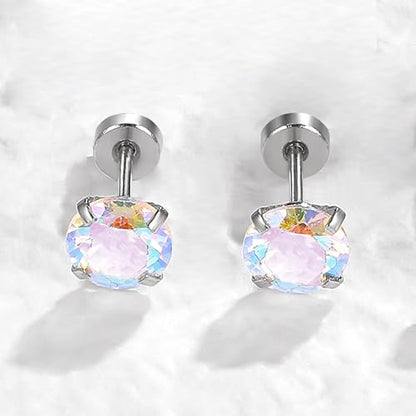 VOLUKA Cubic Zirconia Stainless Steel Screw Flat Back Earring - Hypoallergenic Stud Earrings for Women & Men - 316L Titanium CZ Stud Earrings for Nickel-Free, Trendy & Elegant - color: 1 Pair- 6mm Flat Back -AB White