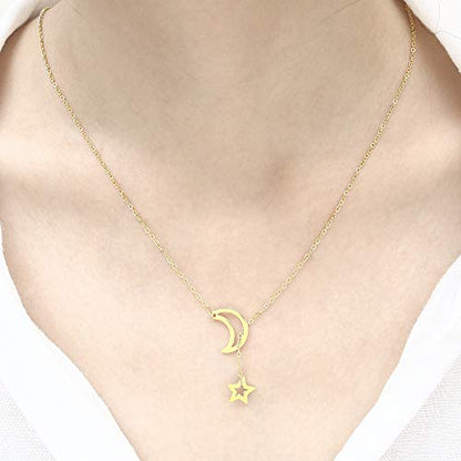 18K Gold Plated Stainless Steel Bee Honeycomb Pendant Necklace, Adjustable Y Lariat Conch/Guitar/Horseshoe Necklace for Women - color: Rose Gold, style: Moon Star