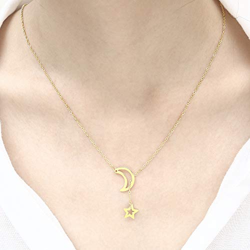 18K Gold Plated Stainless Steel Bee Honeycomb Pendant Necklace, Adjustable Y Lariat Conch/Guitar/Horseshoe Necklace for Women - color: Gold, style: Moon Star