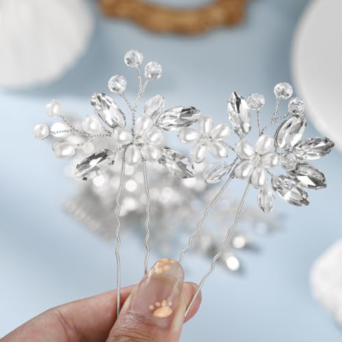 Wedding Hair Accessories Crystal bridal hair pins Rhinestone Pearl hair comb Brides and Bridesmaids, Girls, Women(SILVERY) - color: Silver