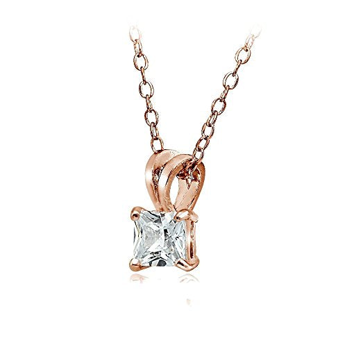 Hoops & Loops Sterling Silver, Yellow Gold Flash or Rose Gold Flash CZ Cubic Zirconia Square Solitaire Pendant Necklace - style: 6mm-Rose Flash Silver