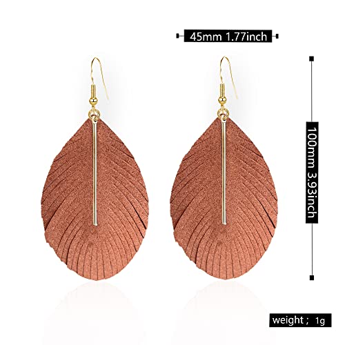 YUNXI Large Genuine Soft Leather Handmade Fringe Feather Lightweight Leaf with Simple Drop Metal Bar Tear Drop Dangle Color Earrings for Women - color: Brown