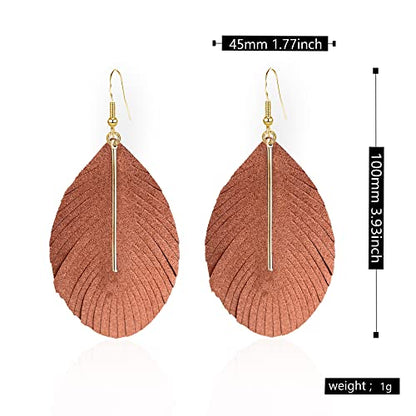 YUNXI Large Genuine Soft Leather Handmade Fringe Feather Lightweight Leaf with Simple Drop Metal Bar Tear Drop Dangle Color Earrings for Women - color: Brown