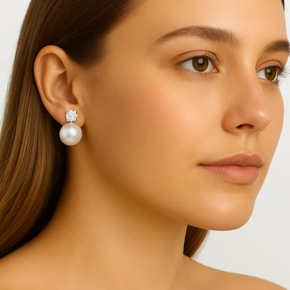 Pearl Clip on Earrings for Women - 14K Gold Silver Plated Cubic Zirconia Non Pierced Ear Clips Jewelry Gifts for Wedding Bridal Party Gifts - color: Silver-12mm