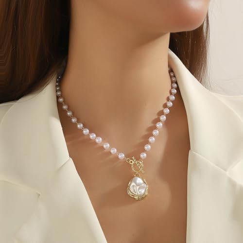Chunky Pearl Necklaces for Women Chunky Baroque Pearl Beaded Gold Chain Link Pearls Pendant Necklace White Pearls Necklace Valentine's Day Jewelry Gifts Party Prom Birthday Outfits Accessorie - style: Pearl Necklace, Pearl Pendant