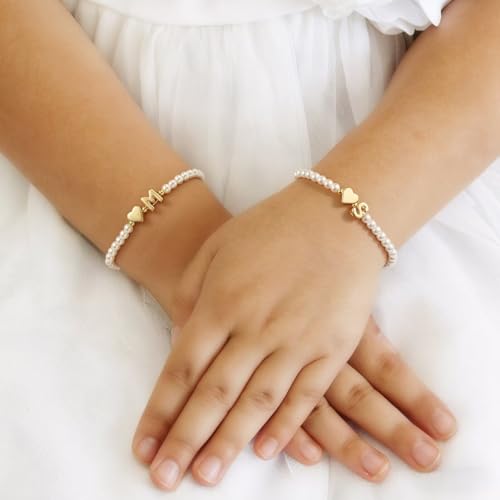 M MOOHAM Pearl Initial Bracelets for Teen Girls, Heart Letter A-Z Bracelets | 14K Gold Plated Heart Letter Bracelet, Dainty Stretch Pearl Initial Bracelet, 6-14 Year Old Girl Birthday Gifts for Teen Girl - color: E