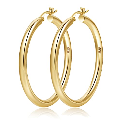 4mm Thick Gold Chunky Earrings Steling Silver Post Hoops Earrings For Women Hollow Tube Hoops Earrings Thick Gold Hoop Earrings Hypoallergenic Lightweight Gold Hoop Large Earrings 20/30/40/50/60MM - color: Gold,40mm