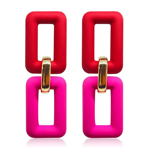 Acrylic Chain Earrings for Women Girls Resin Square Geometric Statement Dangle Drop Earrings Bohemian Retro Paperclip Link Chain Earrings 70s 80s Jewelry Gifts - color: red+rose red