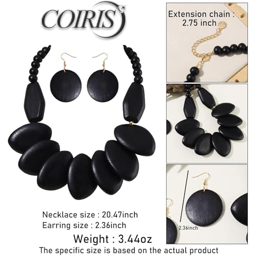 Coiris Chunky Wooden Necklace and Earring Set for Women Boho Statement Jewelry Ethnic Accessories - color: Black