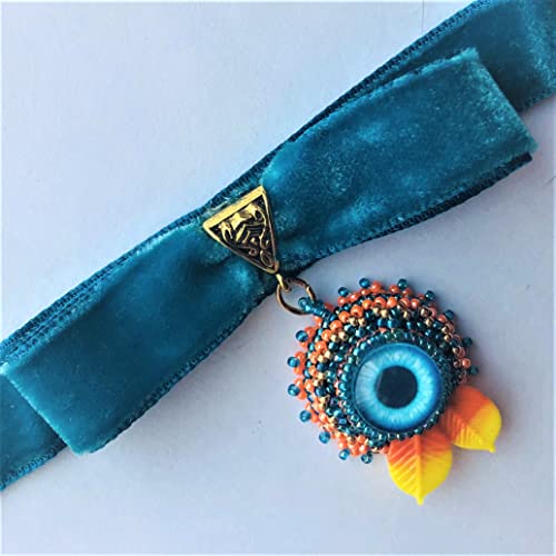 Blue Orange Beadwoven Eye Pendant Choker Velvet Halloween Embroidered Eye Fall Autumn