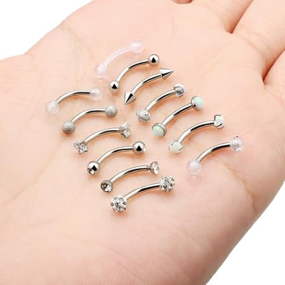 16g 8/10mm Silver/Black/Rose-Gold/Rainbow Eyebrow Piercing Jewelry Rings Curved Barbell Vertical Labret Lip Surgical Steel Small Belly Button Snake Eyes Tongue Rook Earrings for Women Men - color: Surgical Steel, size: 16g*8mm*3mm
