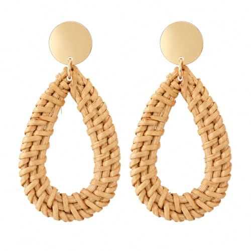 Handmade Rattan Teardrop Dangle Earrings for Women, Lightweight Boho Woven Statement Earrings with Gold Fish Hook, Natural Straw Weave Vacation Jewelry for Summer Beach - style: Woven Teardrop Hoop