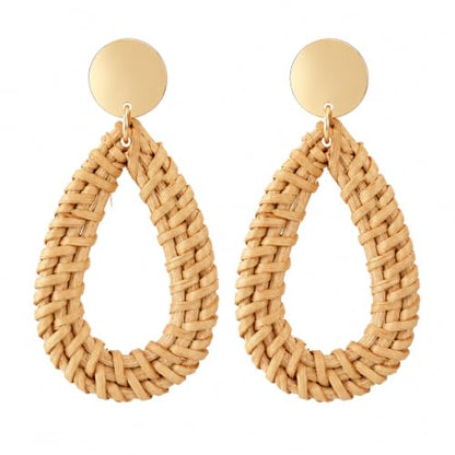 Handmade Rattan Teardrop Dangle Earrings for Women, Lightweight Boho Woven Statement Earrings with Gold Fish Hook, Natural Straw Weave Vacation Jewelry for Summer Beach - style: Woven Teardrop Hoop