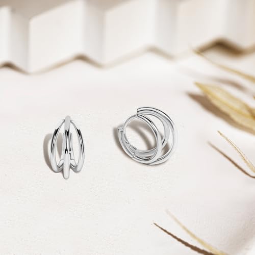 Me&Hz Gold Huggie Earrings Small Huggie Hoop Earrings for Women 14K Gold Plated Hypoallergenic Cubic Zirconia Huggies Mini Silver Hoop Earring for Women - color: Triple Hoops,Silver