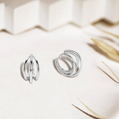 Me&Hz Gold Huggie Earrings Small Huggie Hoop Earrings for Women 14K Gold Plated Hypoallergenic Cubic Zirconia Huggies Mini Silver Hoop Earring for Women - color: Triple Hoops,Silver