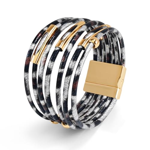 Wrapped Bracelets for Women,Leather Boho Bracelets for Women - color: Leopardprint-Silvergray