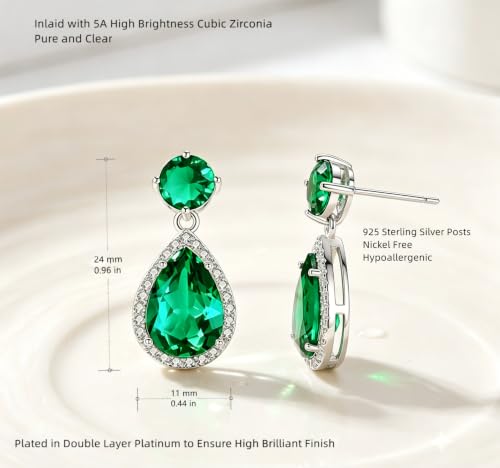 Drop Dangle Earrings Teardrop Gemstone Waterdrop White Gold Plated Crystal Hanging Cubic Zirconia Ruby Sapphire Emerald Jewelry Gift for Women Mother Wife - color: Green