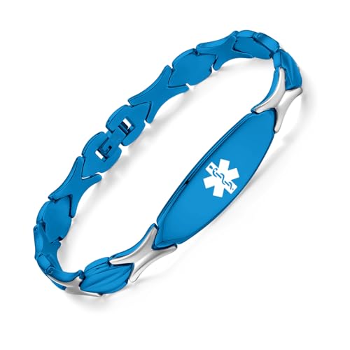 LinnaLove Fashion Shiny medical alert bracelet with Free Engraving Stainless steel Medical id bracelet for Women - color: Blue