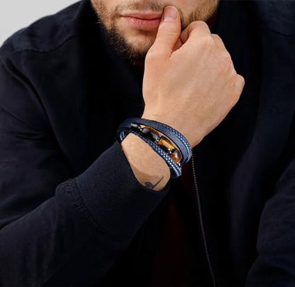 Mens Tiger Eye Leather Bracelet, Natural Tiger Eye Stone Multi-Layer Braided Cuff Bracelets for Men, Stainless Steel with Buckle Memorial Bangle Gifts for Him - color: Blue