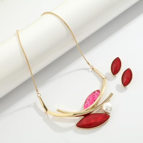 Vintage Statement Jewelry Set - Chunky Flower Floral Plant Geometric Resin Bib Necklace Earring Set Bohemian Boho Crystal Rhinestone Fashion Jewelry for Women Bridal Party Prom Unique Gift - style: MLJS2614-Red